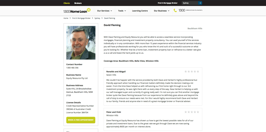 Redesigned Broker Profile webpage on 1300HomeLoan.