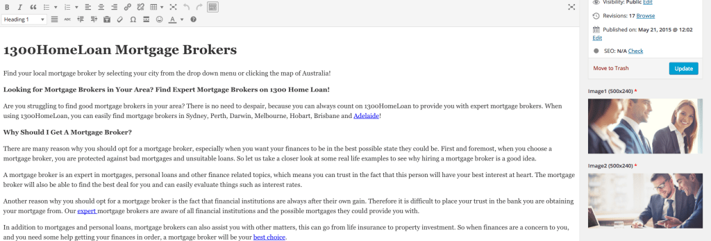 Wordpress editing the text and images for 1300HomeLoan website.